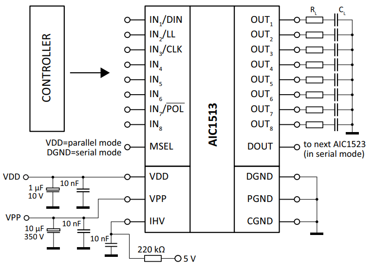 Application Circuit Diagram - Apex Microtechnology AIC1513 High-Voltage Driver IC